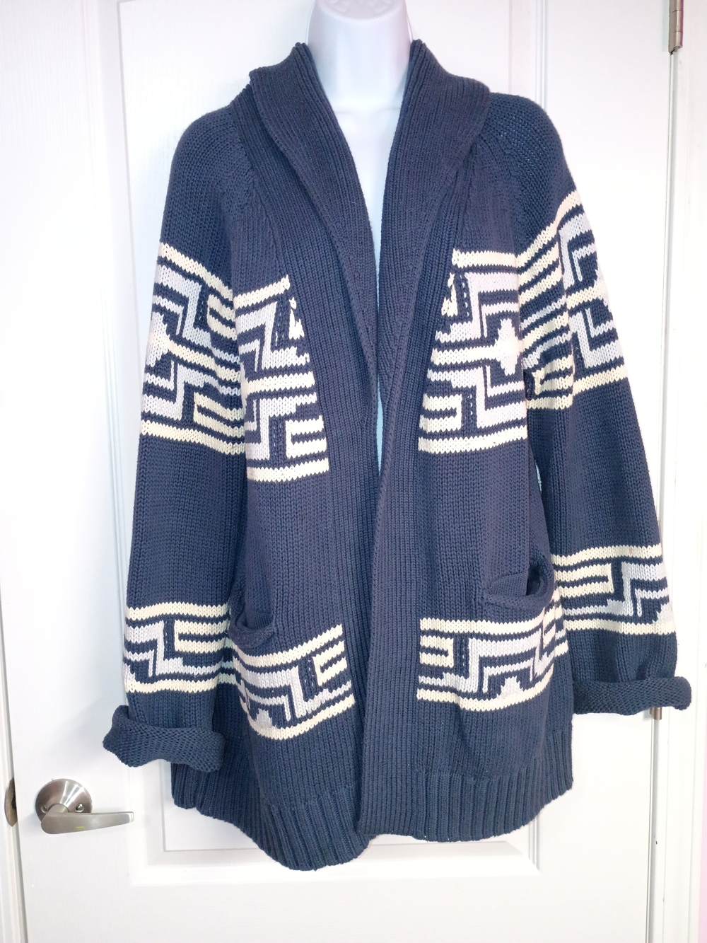 Pendleton Cornflower Blue and White Geometric Shawl Collar Sweater
